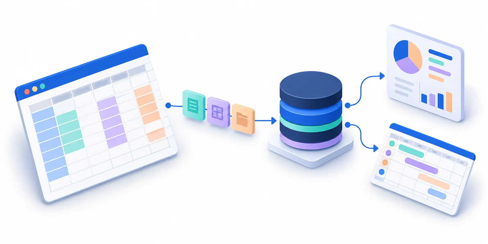 A source spreadsheet connects to data storage, a focused report and planning.